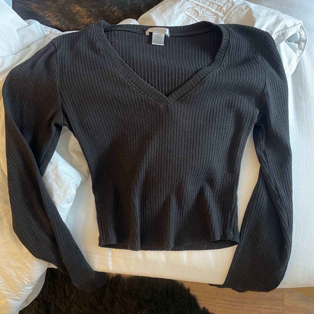 Black Bozzolo Long Sleeve V Neck Top